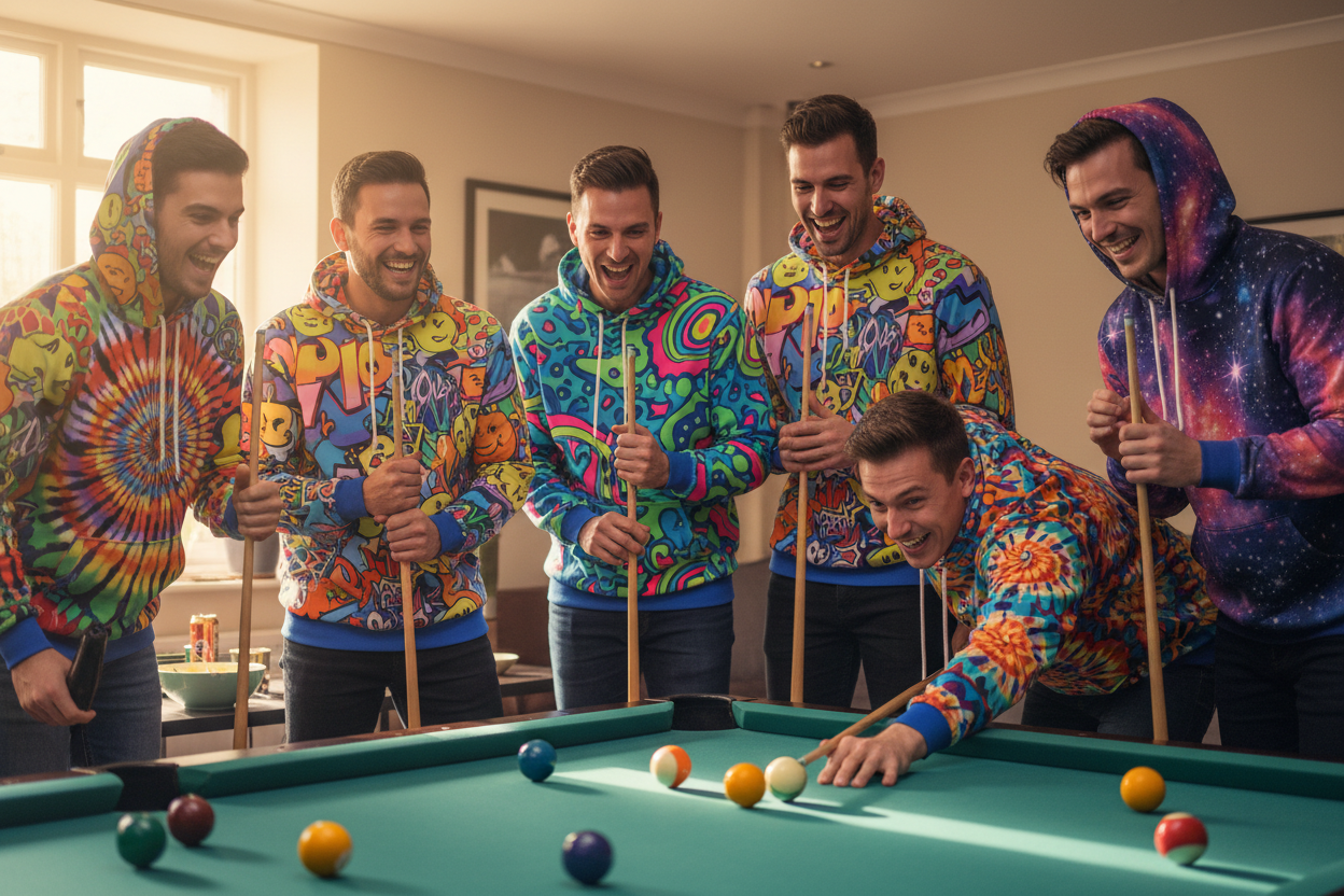 friends boys playing snooker wearing crazy design hoodies