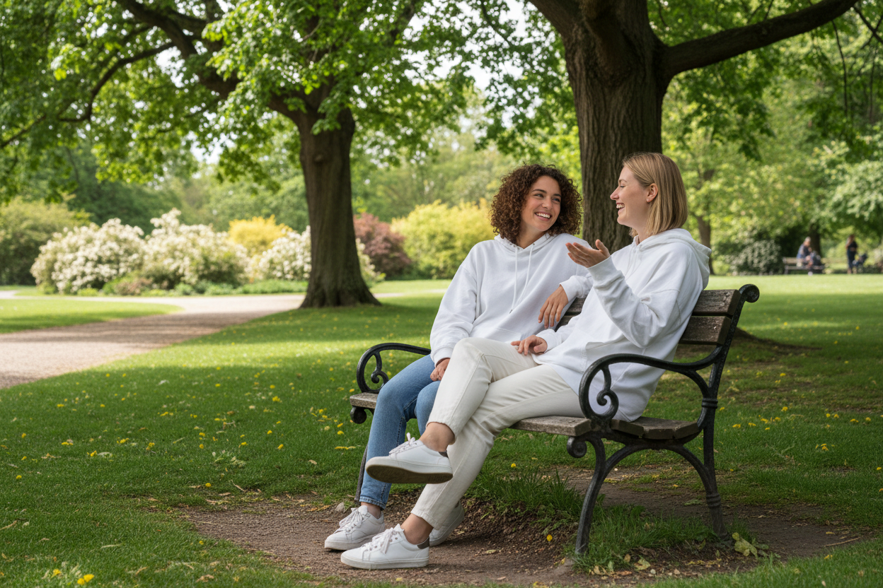 two friends wearing white hoodies in the park 